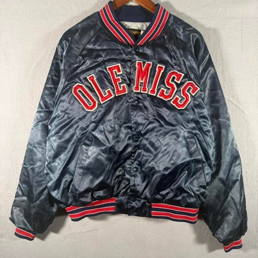Vintage 80's Ole Miss‎ Rebels Swingster Satin Bomber Jacket Blue Stitched XL